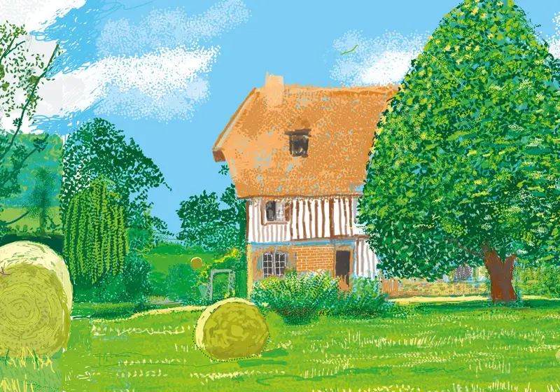 Bright illustration of countryside with hay bales, tall trees, and farmhouse under blue sky.
