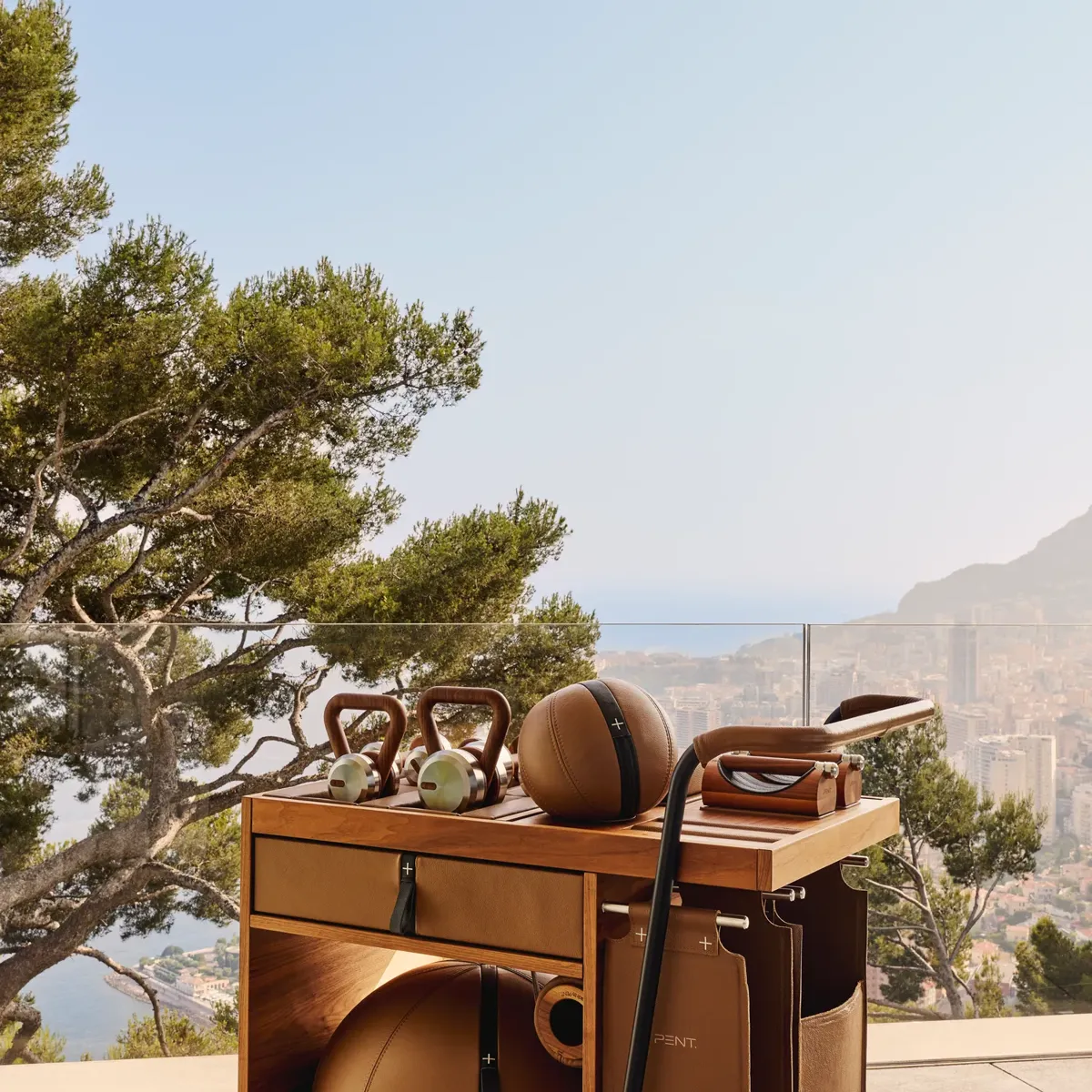 Wooden fitness trolley with weights and equipment on terrace, overlooking coastal landscape with trees, sea and distant hillside buildings in sunlight.