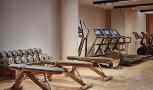 Modern fitness studio at The Maybourne Riviera featuring wooden exercise benches, polished dumbbells, treadmills, and stationary bikes on a parquet floor.