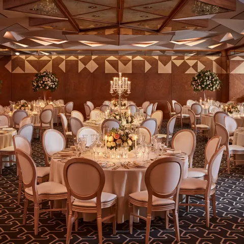 Grand ballroom with round tables, tall floral arrangements, candelabras, and warm ambient lighting.