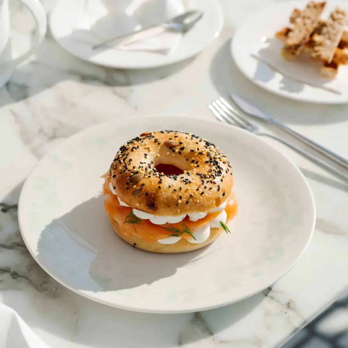 Table de petit-déjeuner avec un bagel aux graines de sésame et de pavot garni de saumon fumé, fromage frais et herbes, accompagné d’œufs à la coque et de mouillettes.