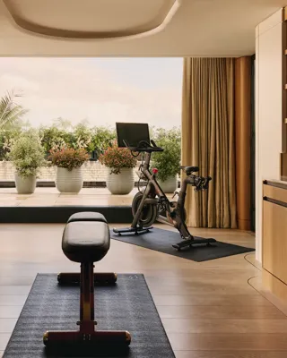 A private in-suite gym with wood floors, free weights, a bench, and a Peloton bike, opening onto a terrace with potted greenery and a view of the sky.