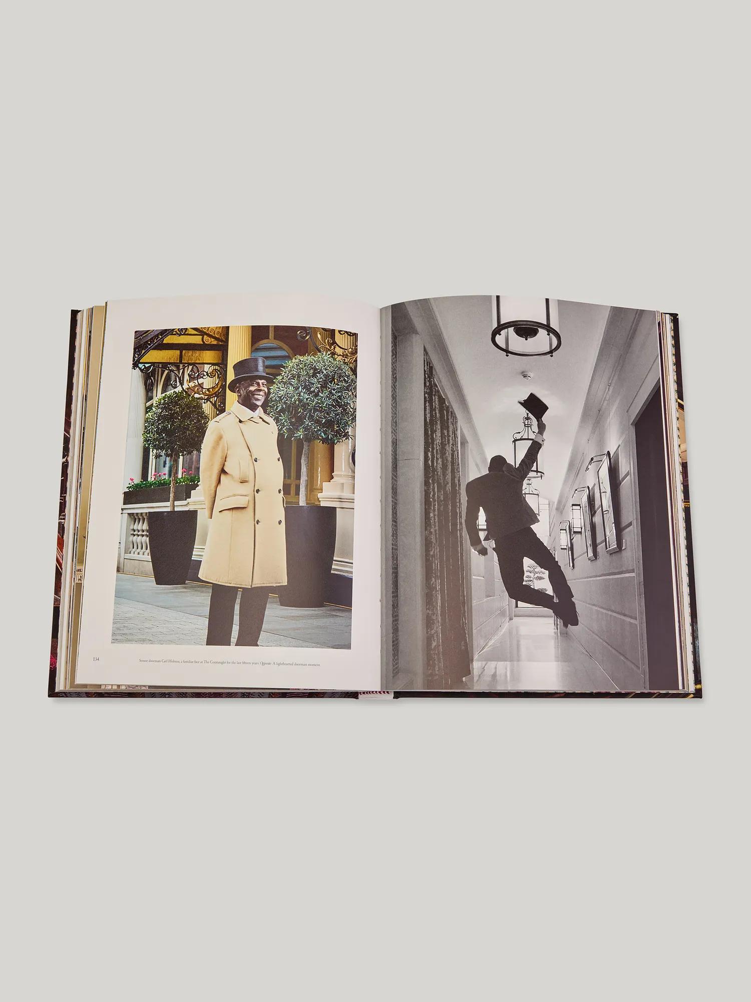 Open book spread with a colour portrait of a Connaught doorman and a black-and-white image of staff adjusting a corridor light.