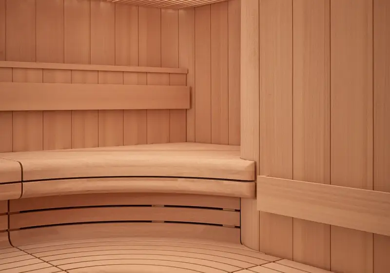Curved wooden sauna interior with tiered bench seating and slatted walls and ceiling.