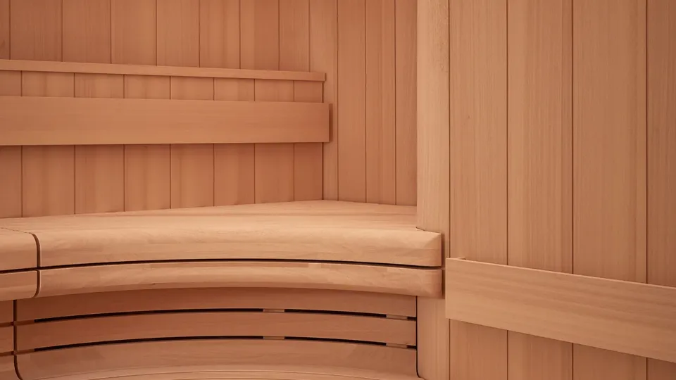 Curved wooden sauna interior with tiered bench seating and slatted walls and ceiling.