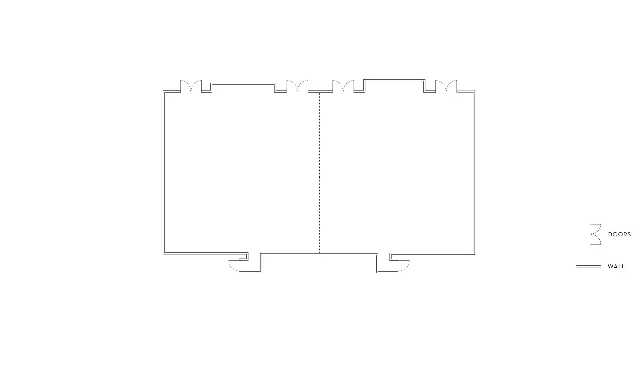 Minimalist black-and-white floorplan of Beverly Hills ballroom showing doors and wall layout.
