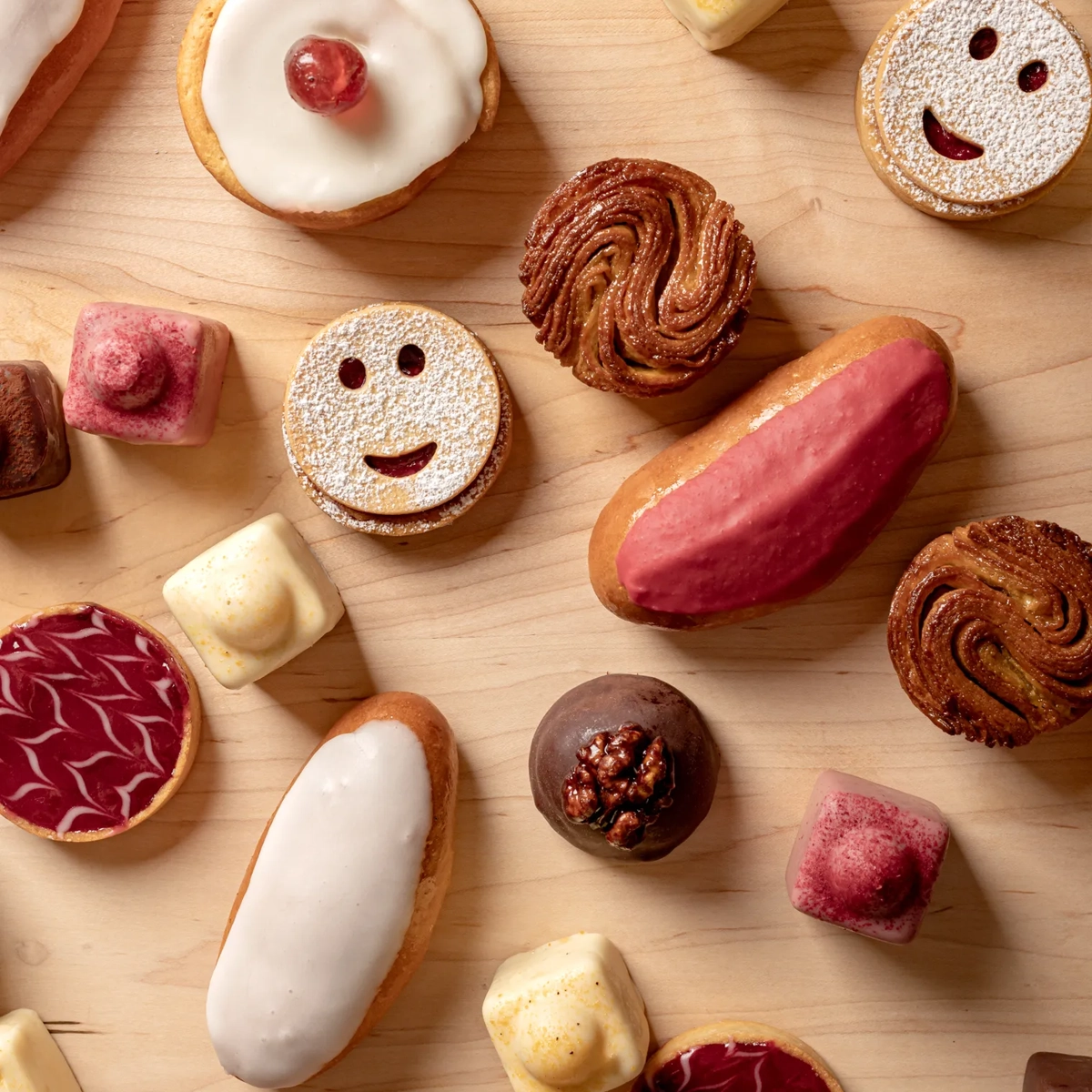 An assortment of pastries from Claridge’s Bakery, beautifully arranged to showcase intricate detailing and refined craftsmanship.
