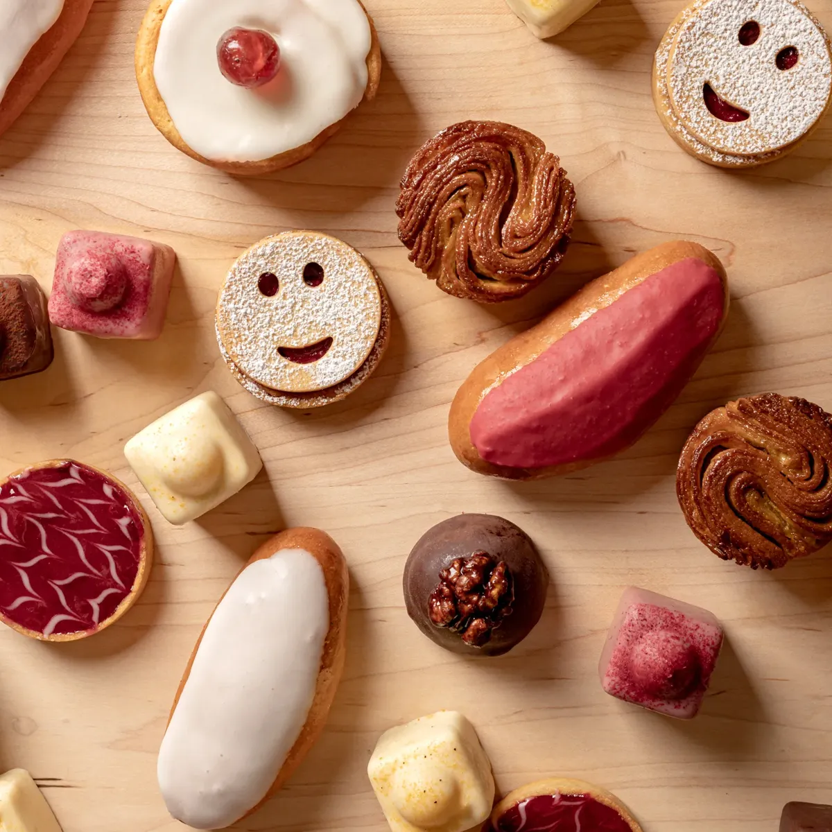 An assortment of pastries from Claridge’s Bakery, beautifully arranged to showcase intricate detailing and refined craftsmanship.