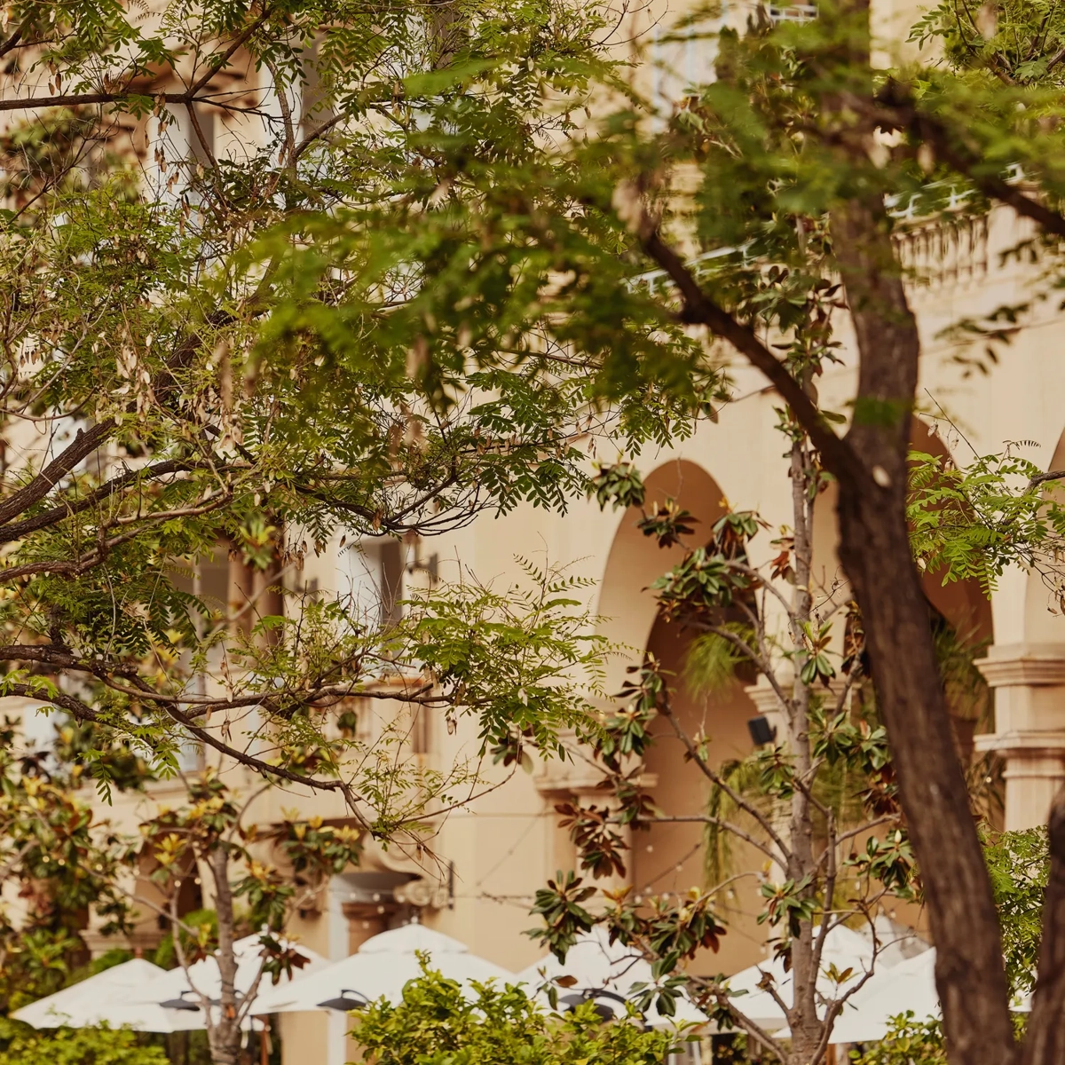 Leafy garden with white café umbrellas in front of arched hotel walkway.