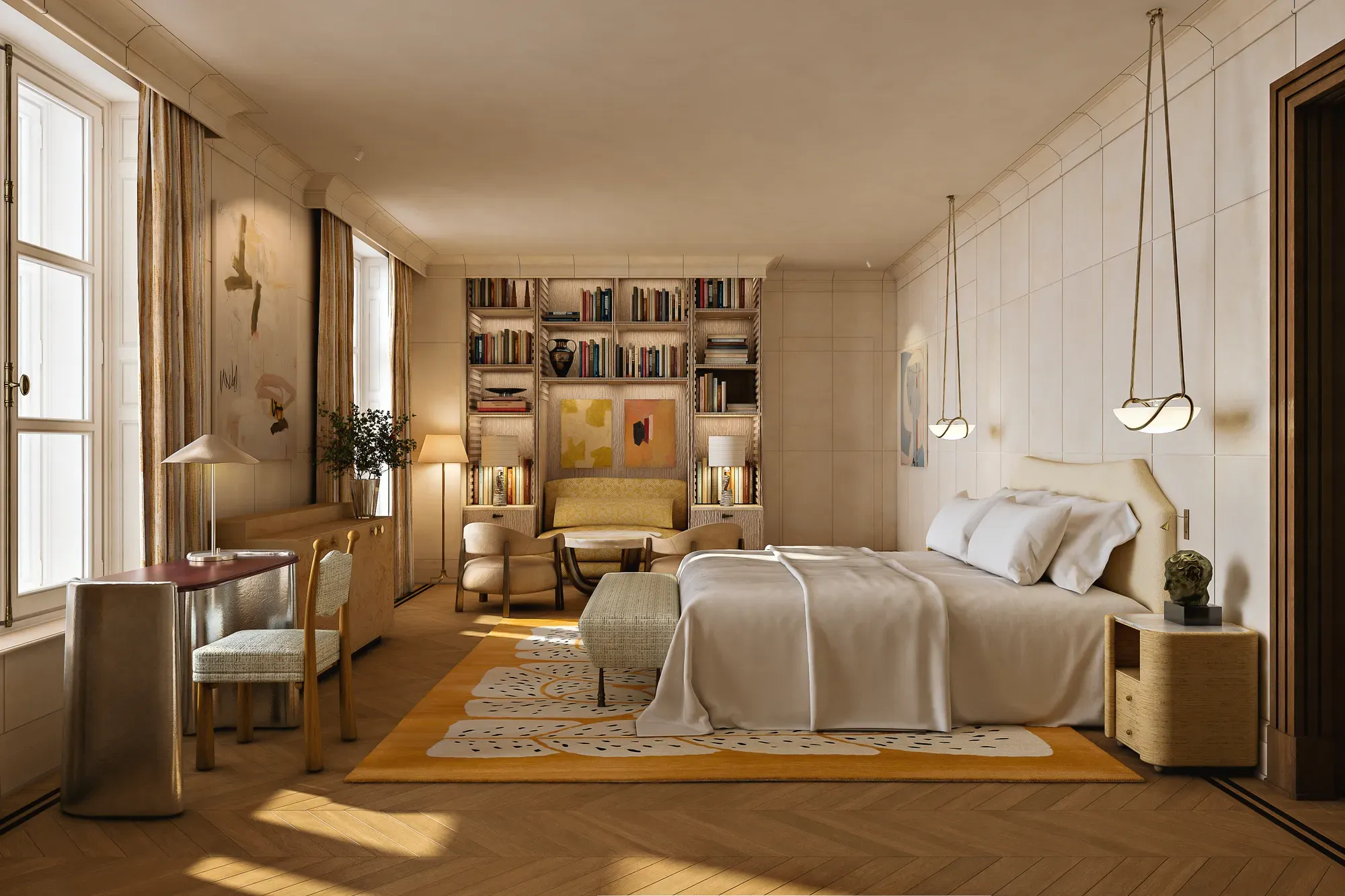 Spacious bedroom with neutral tones, king bed, desk, pendant lights, and seating area with bookshelf and artwork in soft daylight