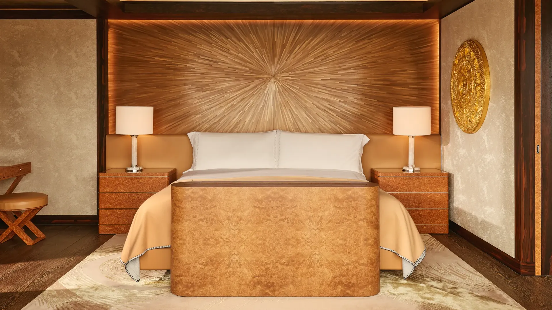 Warm-toned bedroom at Claridge’s with a sunburst wood-panelled headboard, king bed, and amber lighting