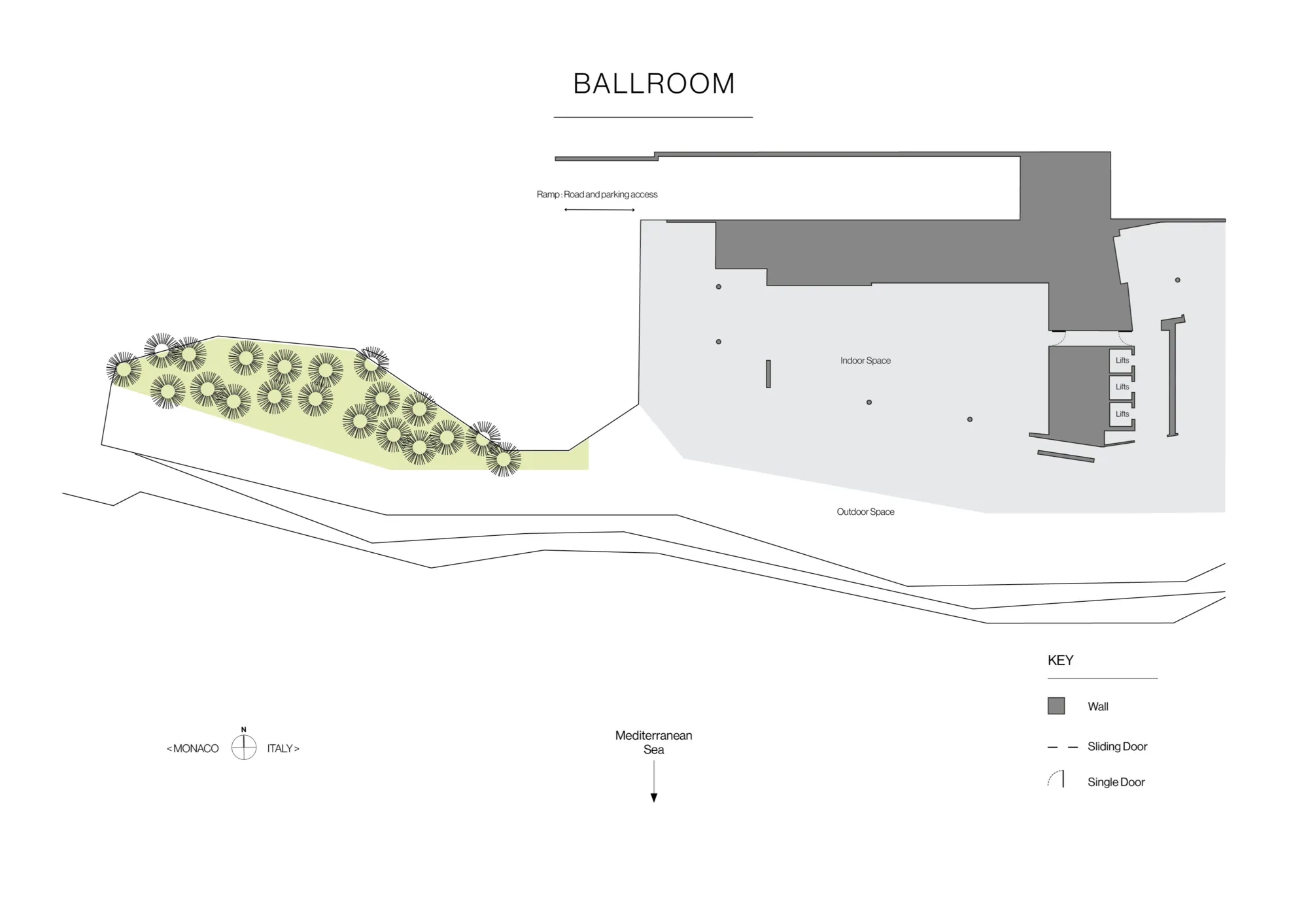 Plan du ballroom avec espaces intérieur et extérieur, rampe d’accès et jardin paysager face à la mer Méditerranée.