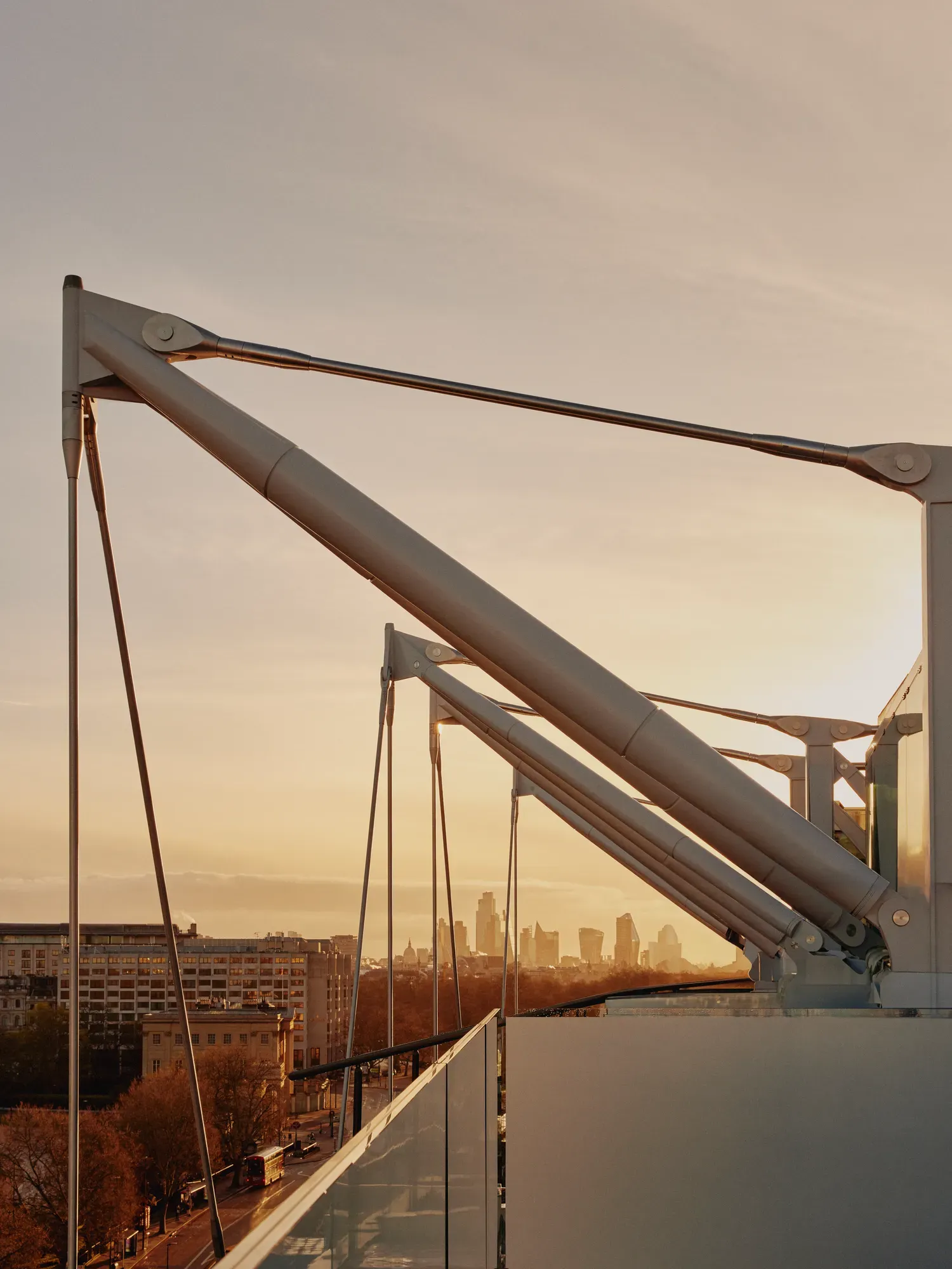 Architectural roof beams and skyline views from The Emory at dusk.