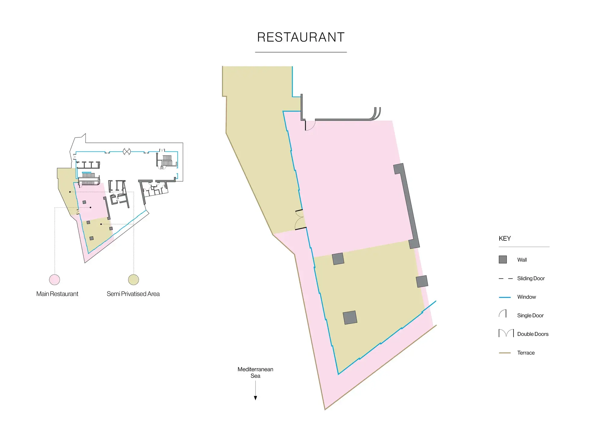 Plan du restaurant indiquant salle principale et zone semi-privatisée avec terrasse face à la mer Méditerranée.