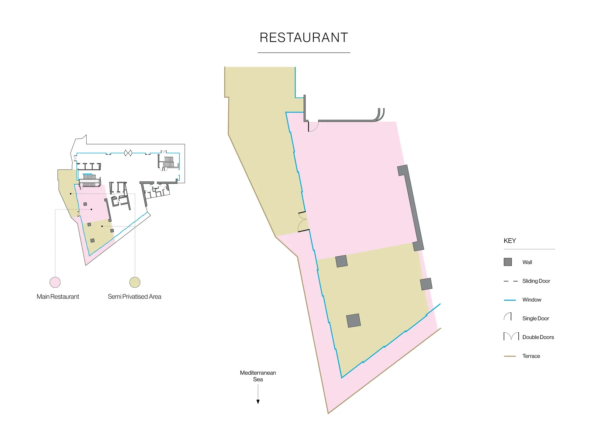 Plan du restaurant indiquant salle principale et zone semi-privatisée avec terrasse face à la mer Méditerranée.