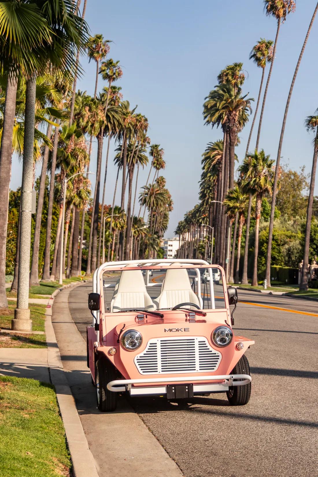 Pink Moke parked along a palm-lined Beverly Hills street, framed by towering trees and sunny California skies.