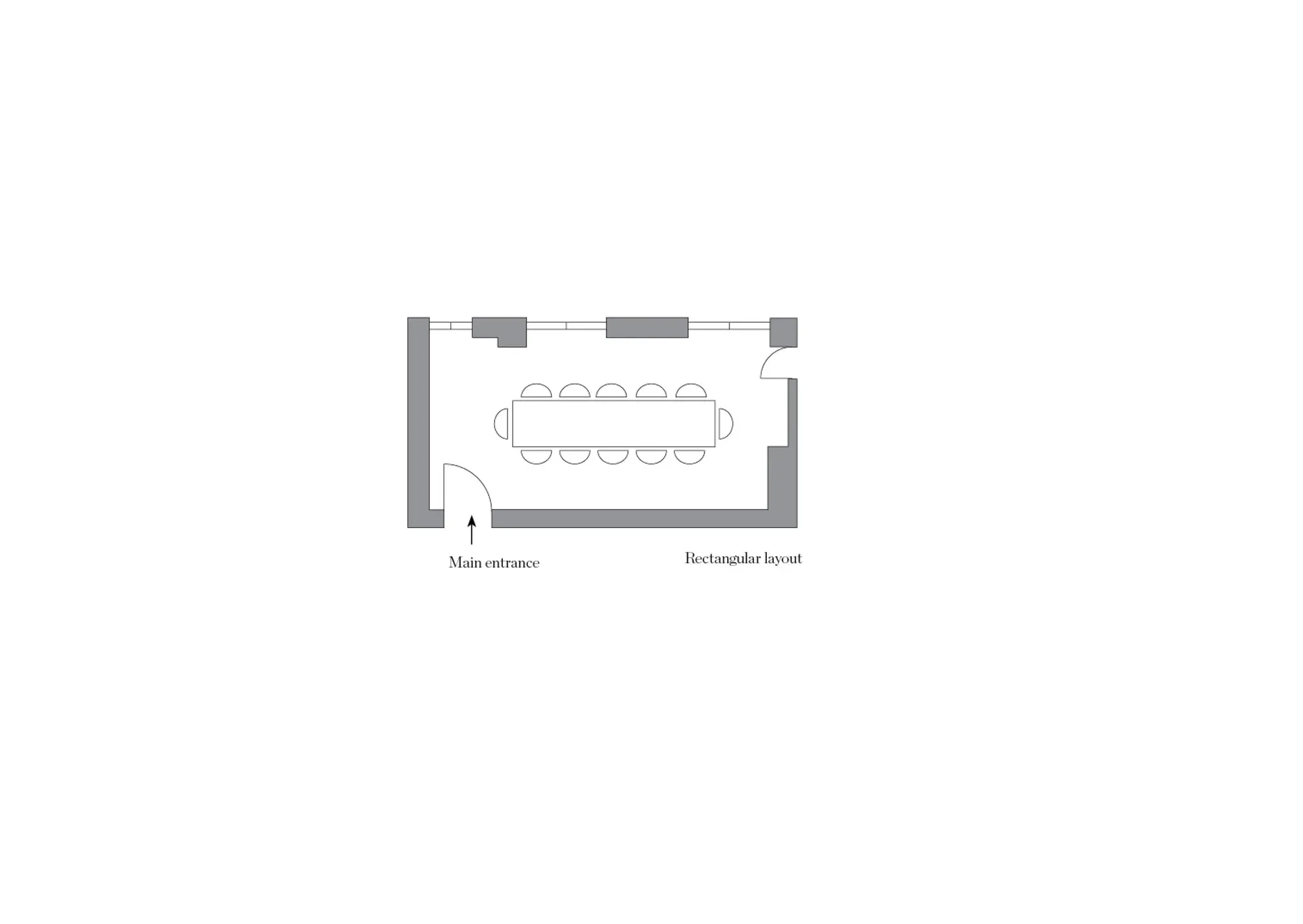 Simple floor plan showing a rectangular room with a central table for ten and a main entrance on the left side.