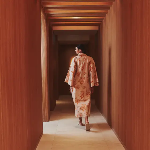 A woman wearing a patterned kimono walks down a softly lit wooden corridor with a geometric ceiling at The Maybourne Riviera.