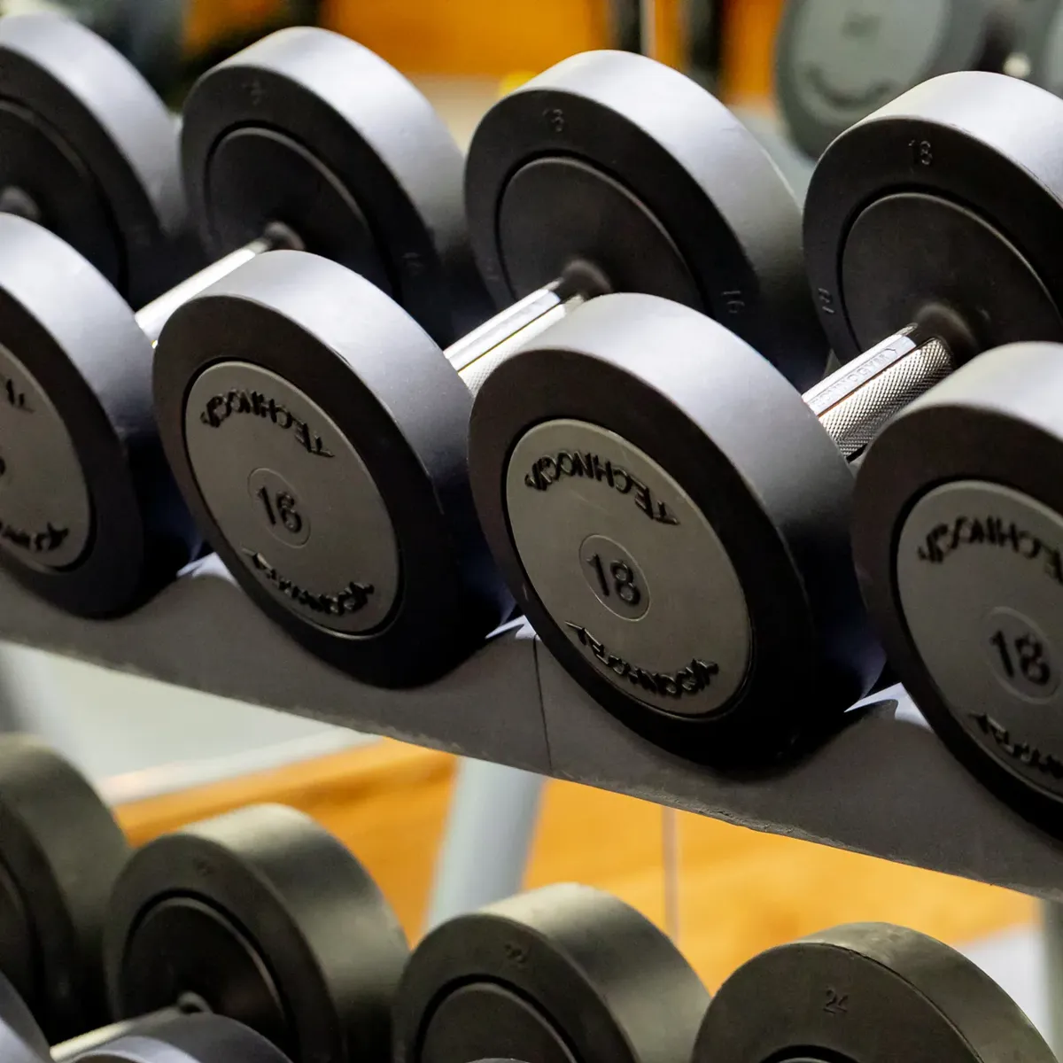 Row of black dumbbells arranged on a metal rack in a gym, with mirrored wall reflecting the weights.