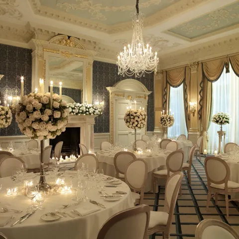 Elegant ballroom set for a formal dinner, with round tables, white linens, floral centrepieces, chandeliers, and tall windows with draped curtains.