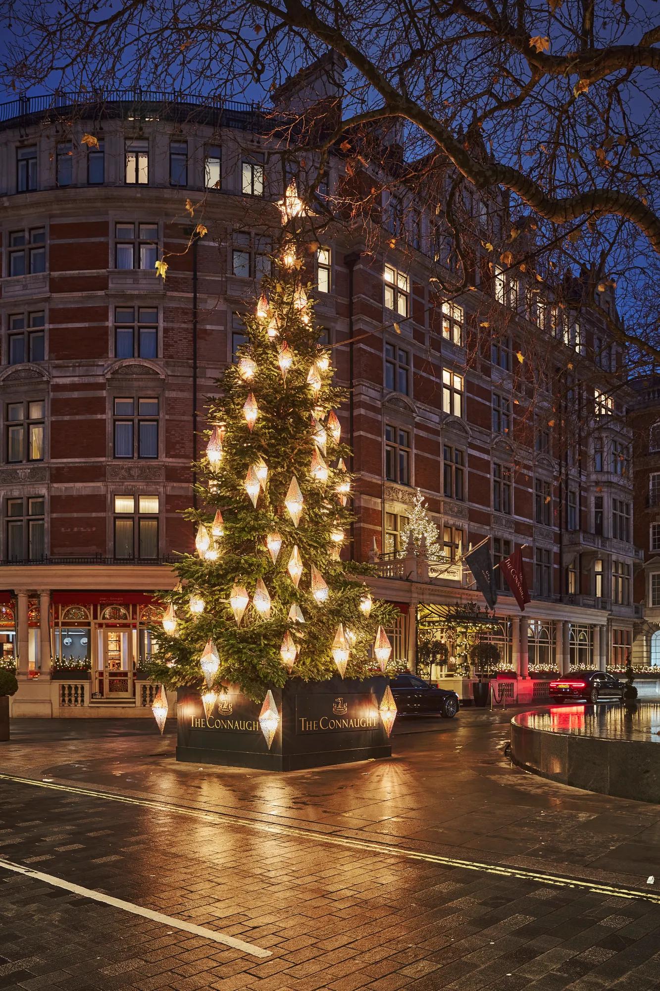 A festive Christmas display at Claridge’s for the 2024 season, featuring elegant holiday décor and a warm, celebratory atmosphere.