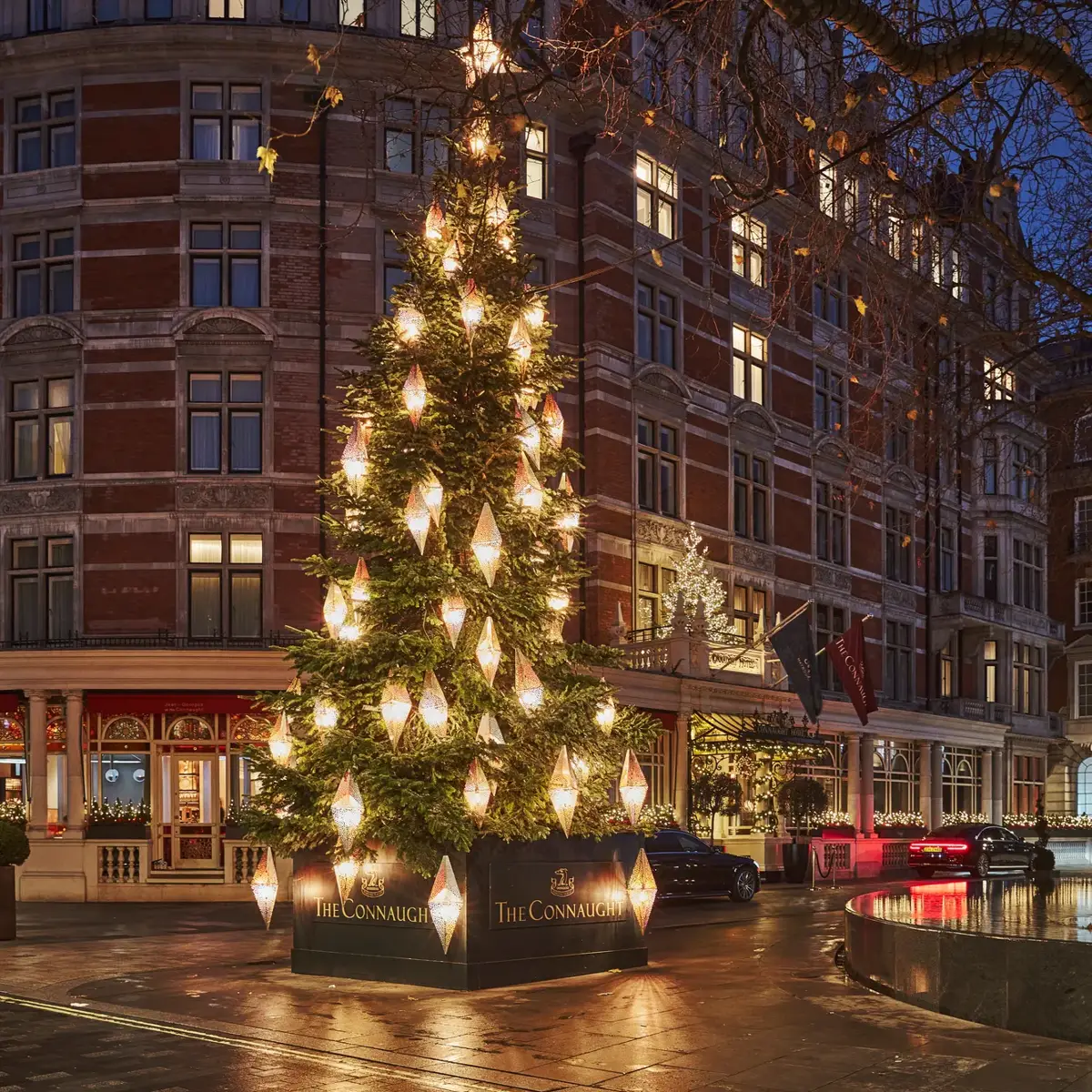 A festive Christmas display at Claridge’s for the 2024 season, featuring elegant holiday décor and a warm, celebratory atmosphere.