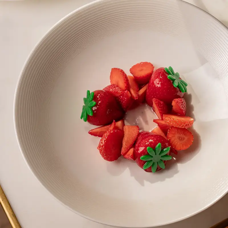 Fresh sliced strawberries arranged in a white bowl beside plated dessert and cocktail.