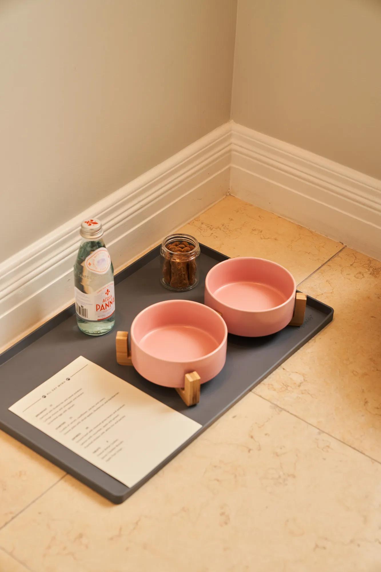 Pink dog bowls with bottled water, treats, and a menu on a tray against tiled floor.