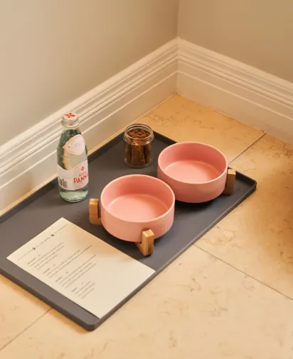 Pink dog bowls with bottled water, treats, and a menu on a tray against tiled floor.