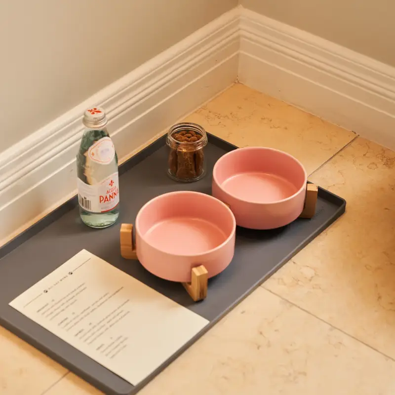 Pink dog bowls with bottled water, treats, and a menu on a tray against tiled floor.