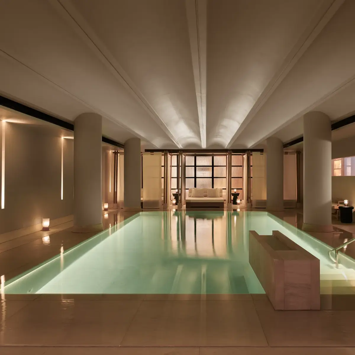 Serene indoor pool at The Maybourne Riviera, surrounded by soft lighting, smooth stone columns, and a seating area at the far end creating a tranquil, spa-like atmosphere.
