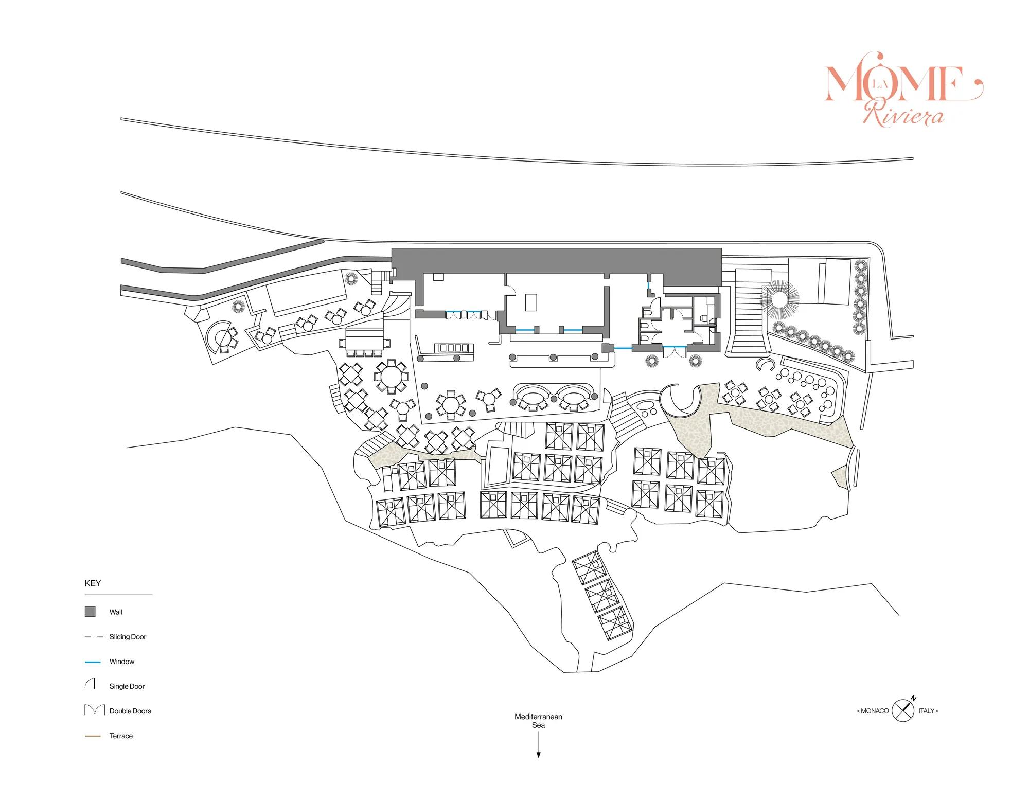 Plan du restaurant avec salle intérieure, terrasses multiples et cheminements face à la mer Méditerranée.