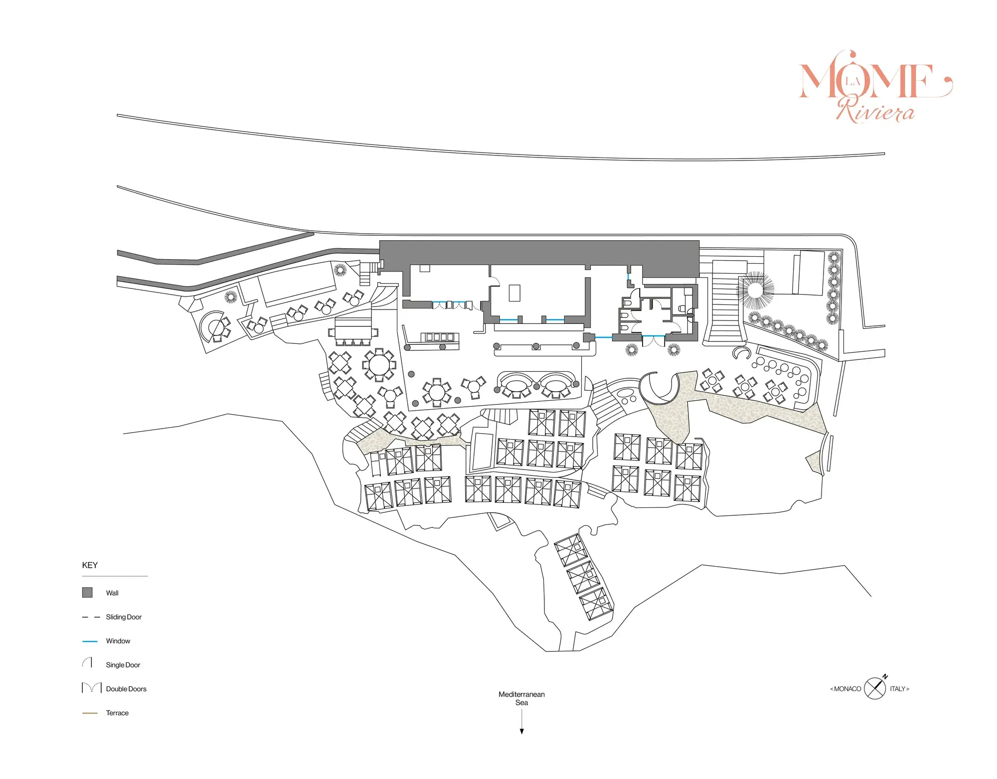 Plan du restaurant avec salle intérieure, terrasses multiples et cheminements face à la mer Méditerranée.