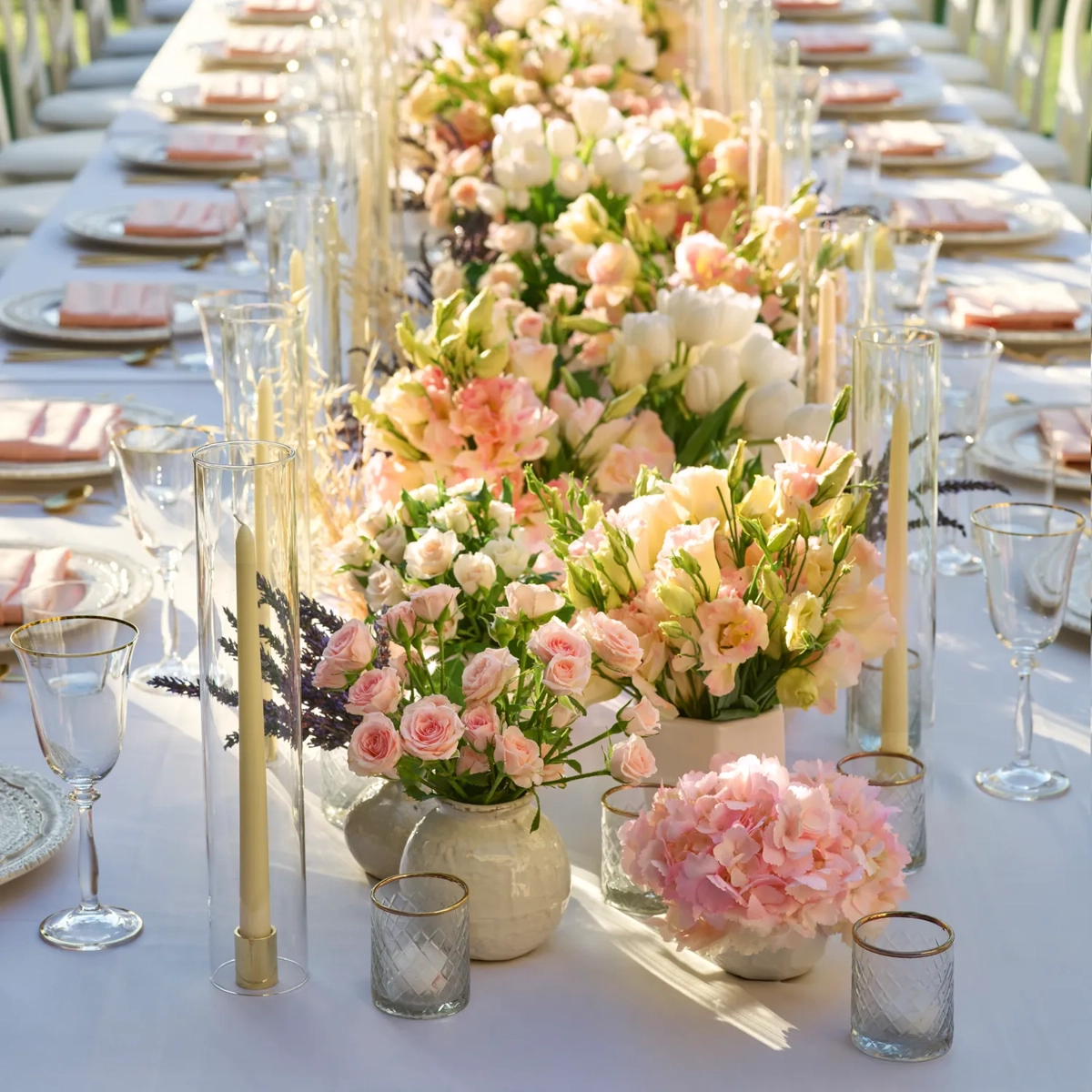 Daytime close-up down the long garden table; lush pastel floral centerpieces and tall clear candle cylinders line white place settings.