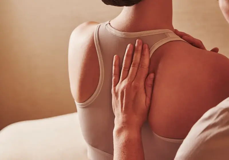 Therapist placing hands on a person's upper back during a seated spa treatment, with the person wearing a sports bra.
