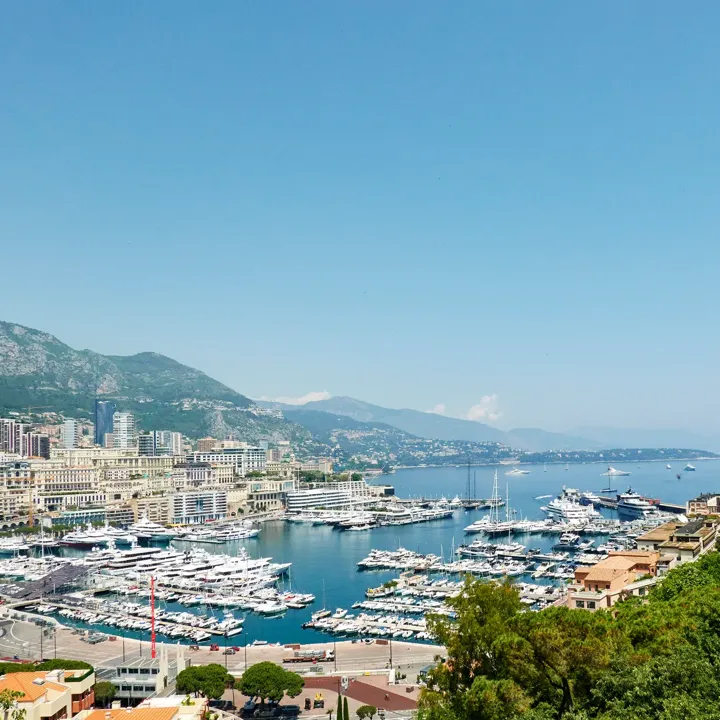 View overlooking Monaco’s marina with yachts, coastal buildings, and mountains under a clear blue sky.