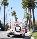 Pink Moke car driving through palm tree lined street in Bevely Hills.