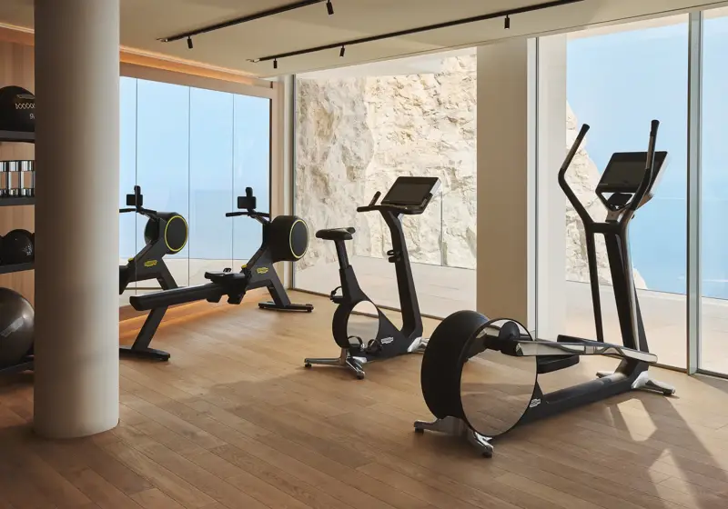 Modern gym with cardio equipment and free weights, floor-to-ceiling windows overlooking rocky cliffs and the sea.