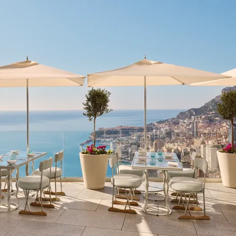 Terrace restaurant with white parasols, potted olive trees, and neatly set tables, overlooking the sea and city coastline under a clear blue sky.