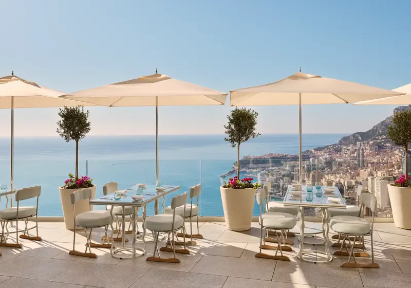 Terrace restaurant with white parasols, potted olive trees, and neatly set tables, overlooking the sea and city coastline under a clear blue sky.