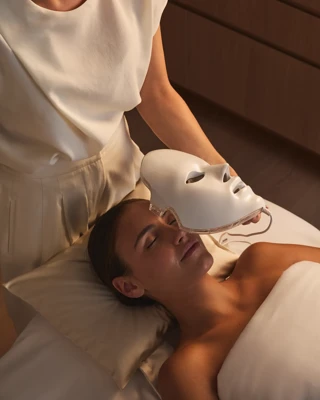 Spa therapist holding a light therapy mask above a guest during a facial treatment in a serene room.