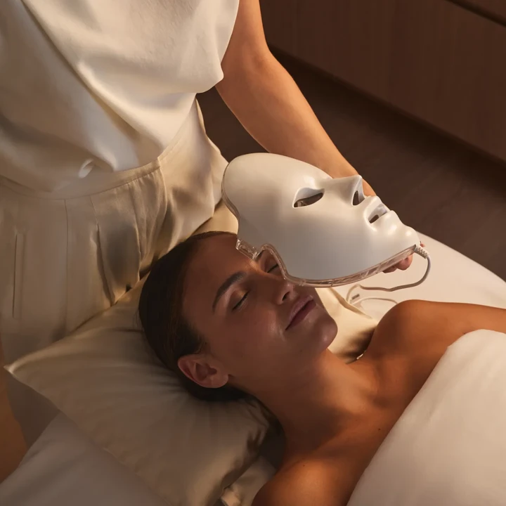 Spa therapist holding a light therapy mask above a guest during a facial treatment in a serene room.