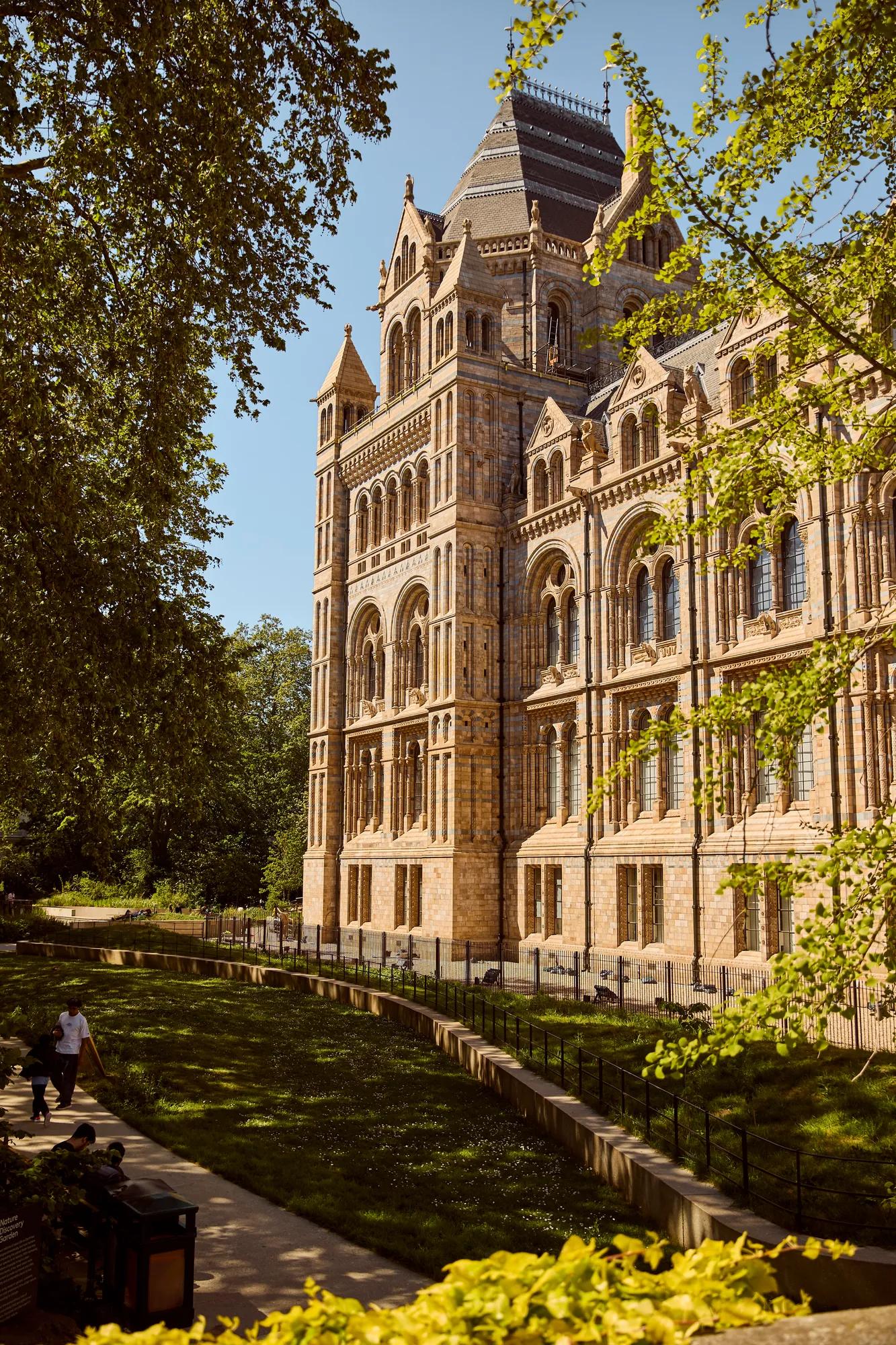 Historic stone museum building framed by leafy trees, with arched windows and a landscaped path under clear blue skies.