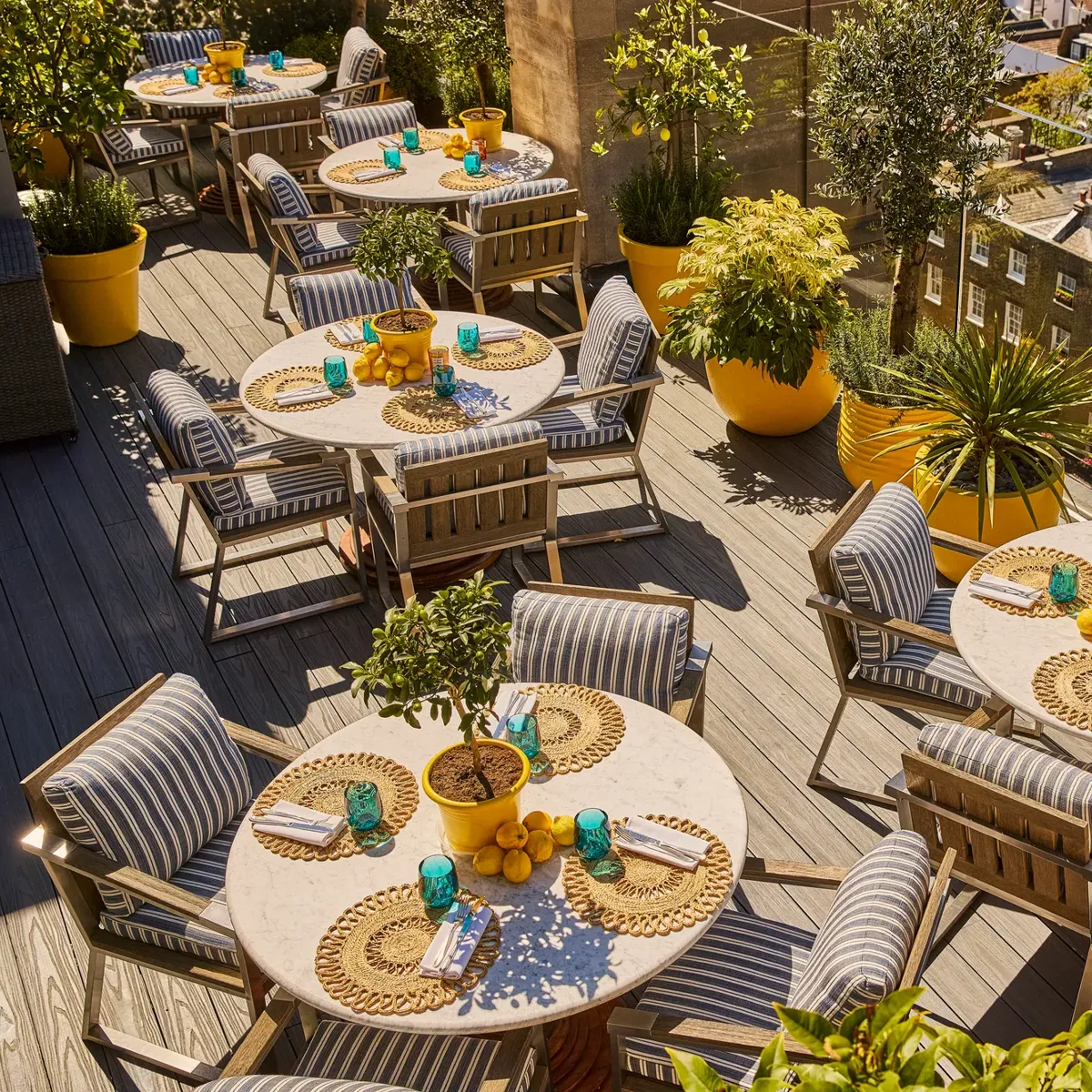Rooftop terrace dining area with striped chairs, round tables, potted plants and views over surrounding city rooftops.