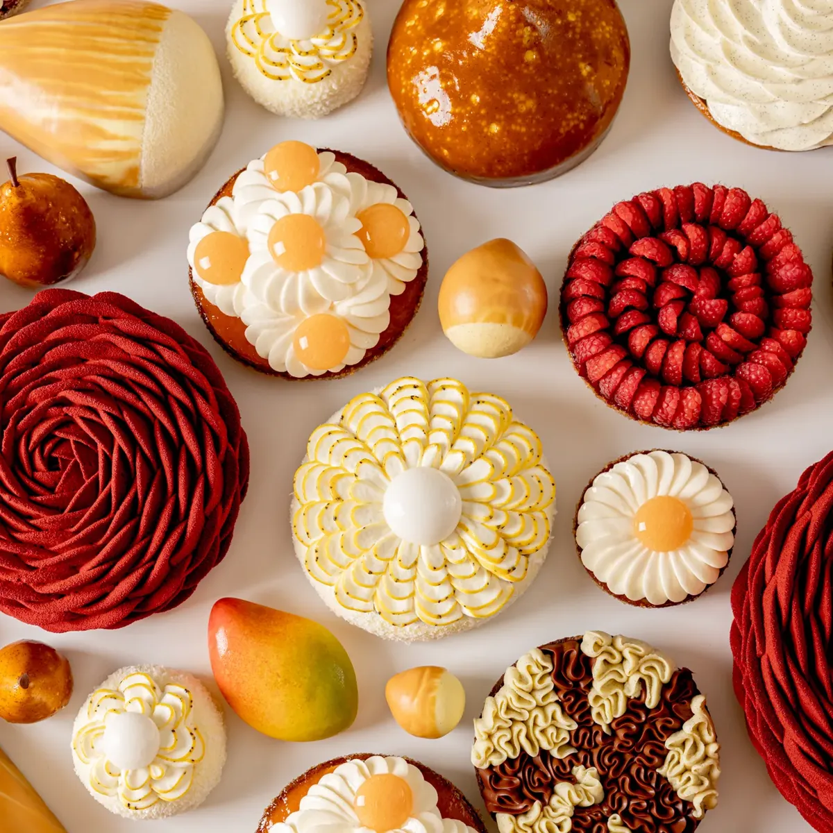 Assorted spring pastries with mango, grapefruit, pear and hazelnut, decorated with floral cream patterns, vibrant colors and glossy finishes